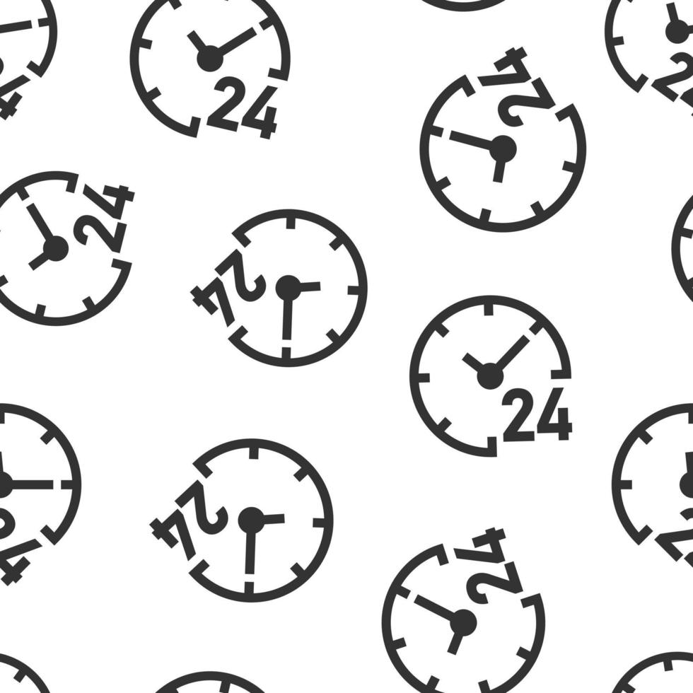 Clock 24 7 icon in flat style. Watch vector illustration on white isolated background. Timer seamless pattern business concept.