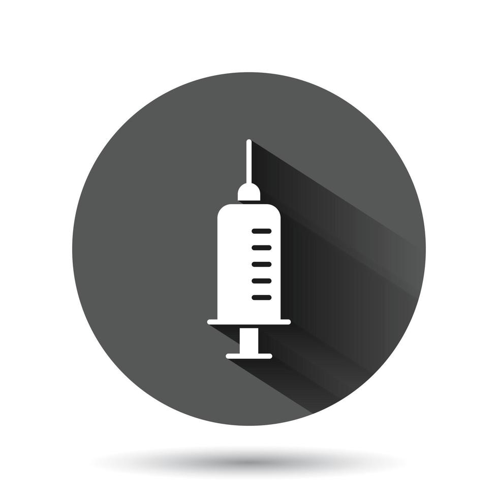 Syringe icon in flat style. Inject needle vector illustration on black round background with long shadow effect. Drug dose circle button business concept.