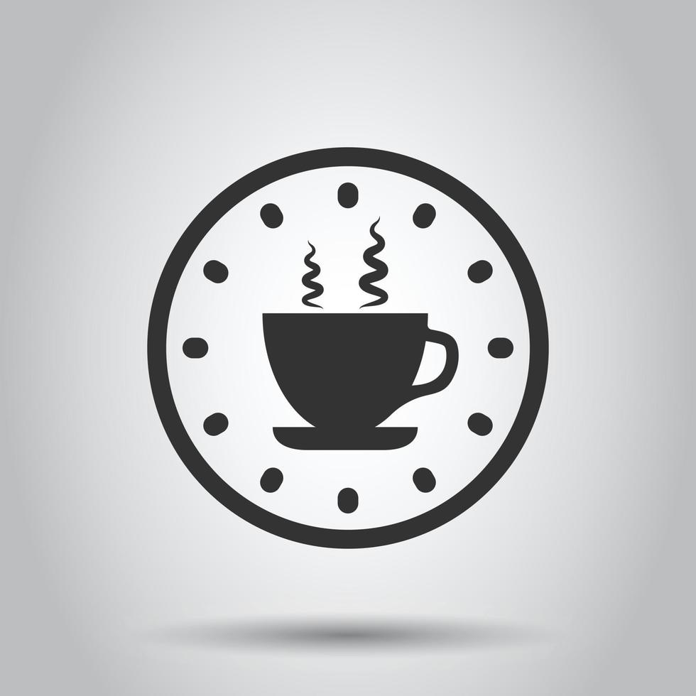 Coffee break icon in flat style. Clock with tea cup vector illustration on white isolated background. Breakfast time business concept.