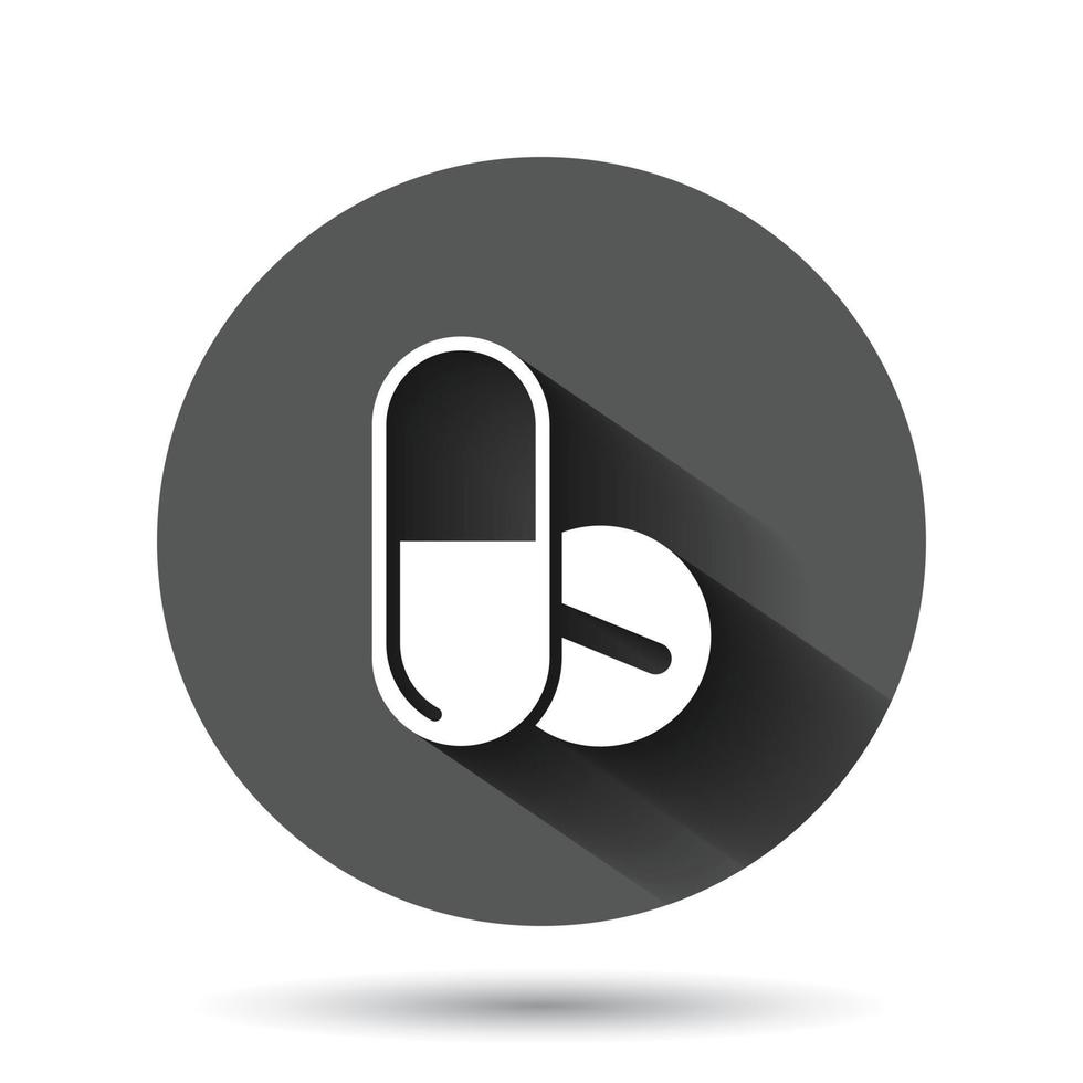 icono de cápsula de píldora en estilo plano. ilustración vectorial de drogas sobre fondo redondo negro con efecto de sombra larga. concepto de negocio de botón de círculo de farmacia. vector