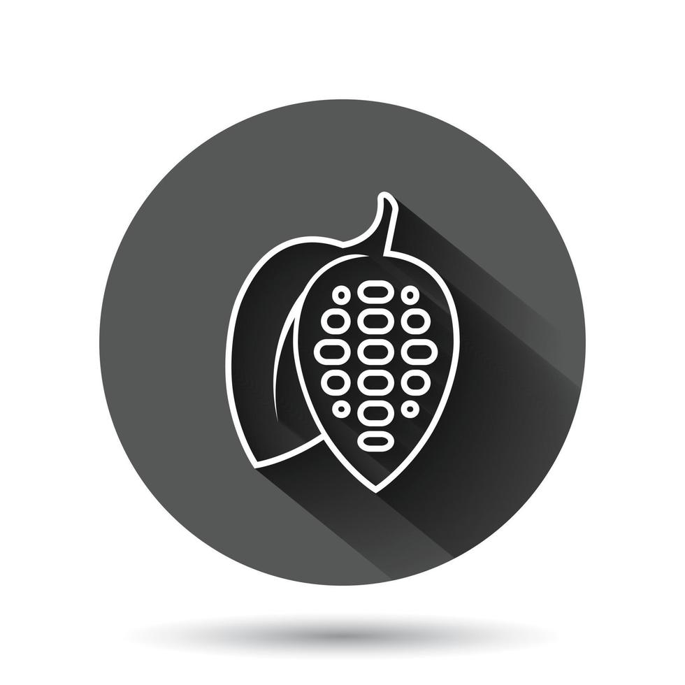 Cocoa bean icon in flat style. Chocolate cream vector illustration on black round background with long shadow effect. Nut plant circle button business concept.