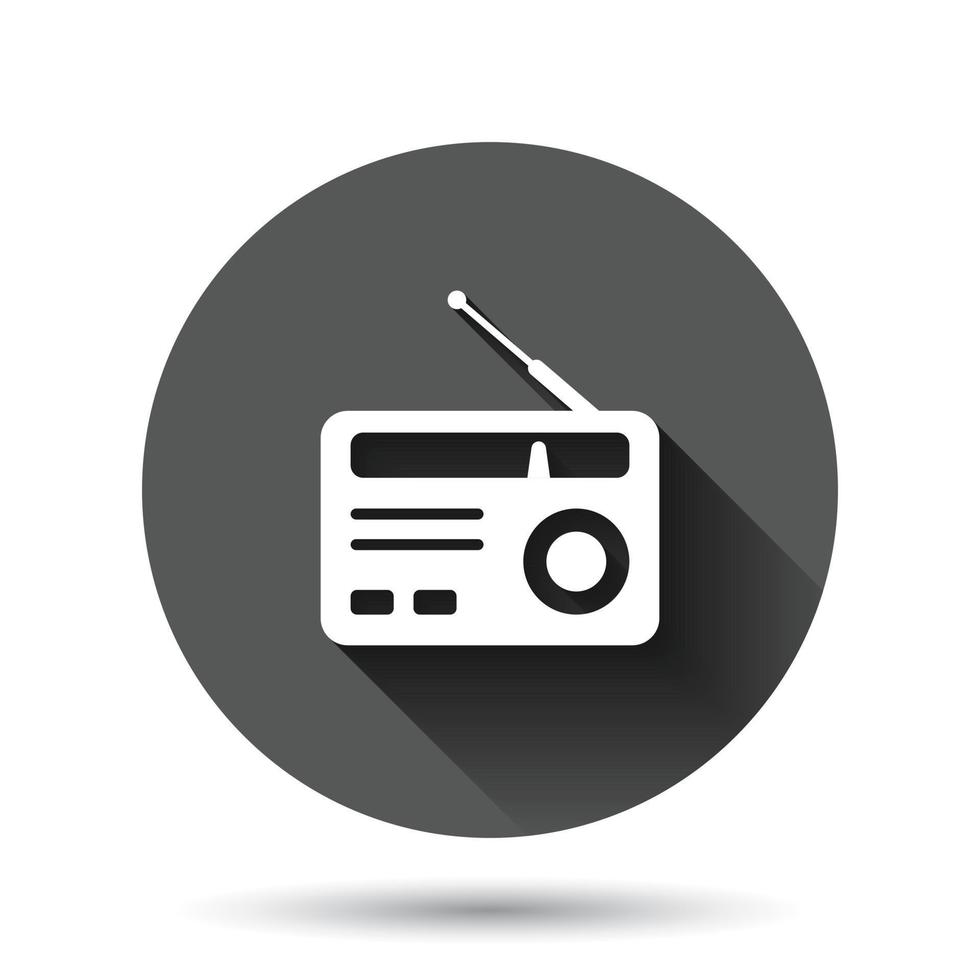 Radio icon in flat style. Fm broadcast vector illustration on black round background with long shadow effect. Radiocast circle button business concept.