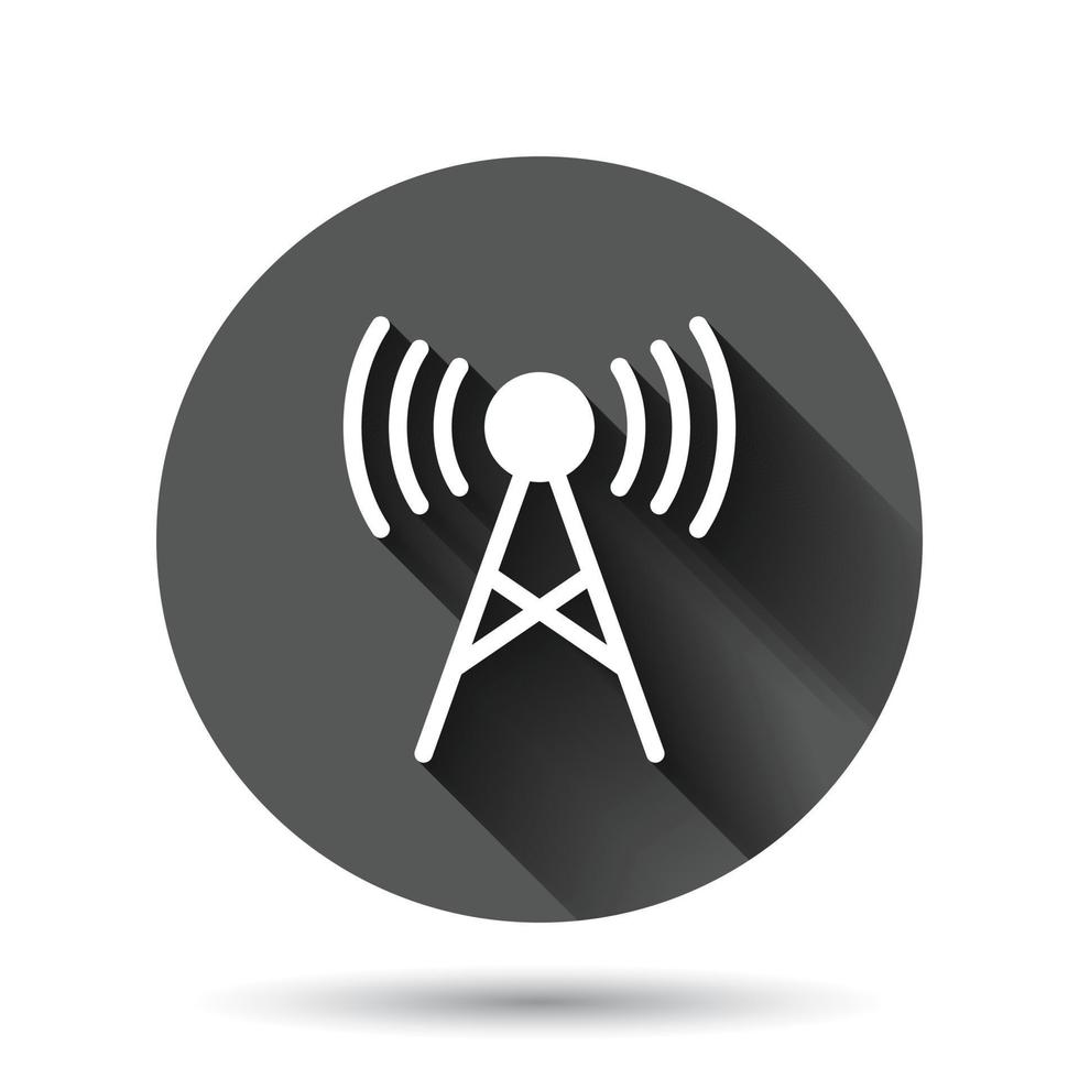 Antenna tower icon in flat style. Broadcasting vector illustration on black round background with long shadow effect. Wifi circle button business concept.