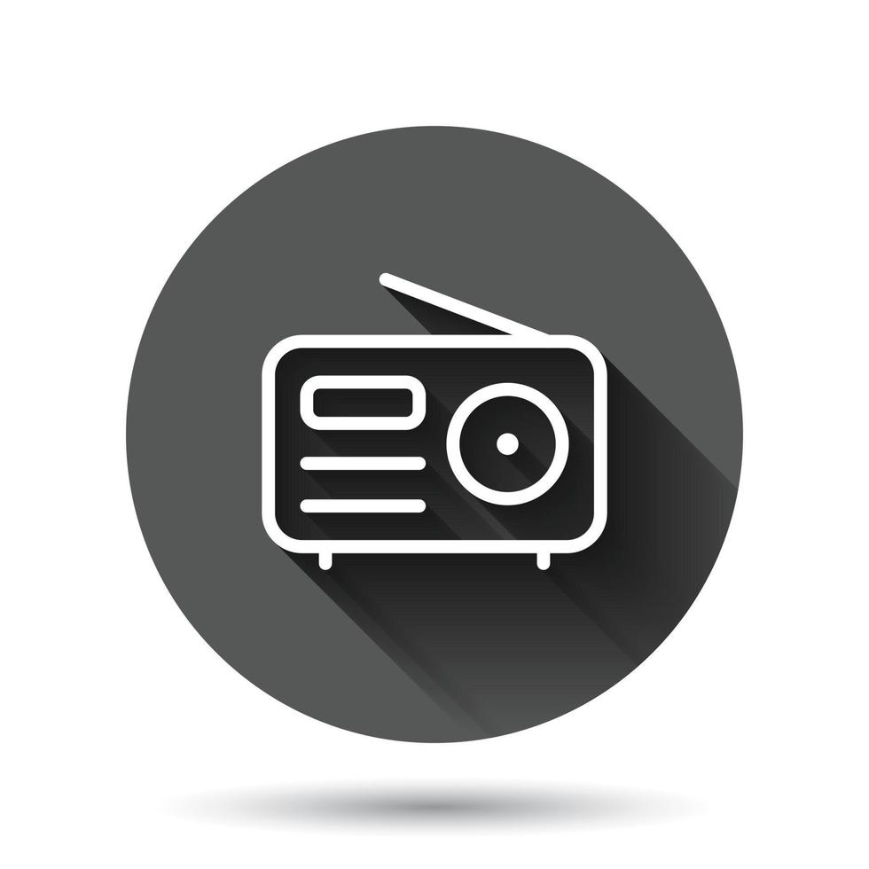Radio icon in flat style. Fm broadcast vector illustration on black round background with long shadow effect. Radiocast circle button business concept.