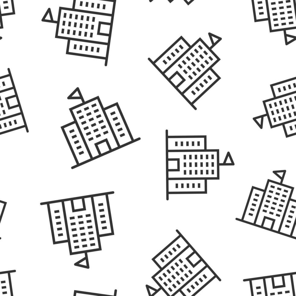 Building icon in flat style. Town skyscraper apartment vector illustration on white isolated background. City tower seamless pattern business concept.