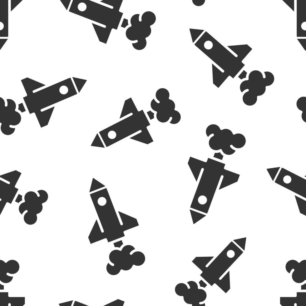 Rocket icon in flat style. Spaceship launch vector illustration on white isolated background. Sputnik seamless pattern business concept.