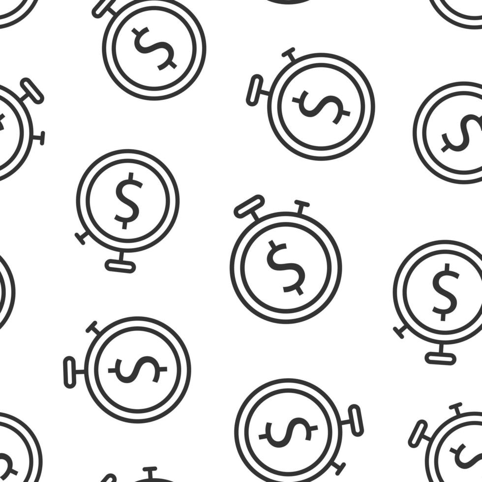 Time is money icon in flat style. Clock with dollar vector illustration on white isolated background. Currency seamless pattern business concept.