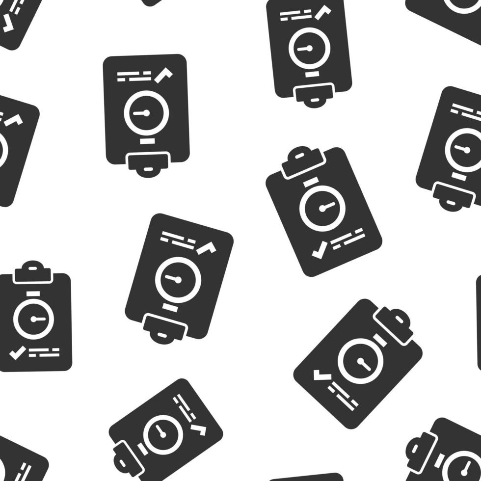 Document witch clock icon in flat style. Checklist survey vector illustration on white isolated background. Fast service seamless pattern business concept.