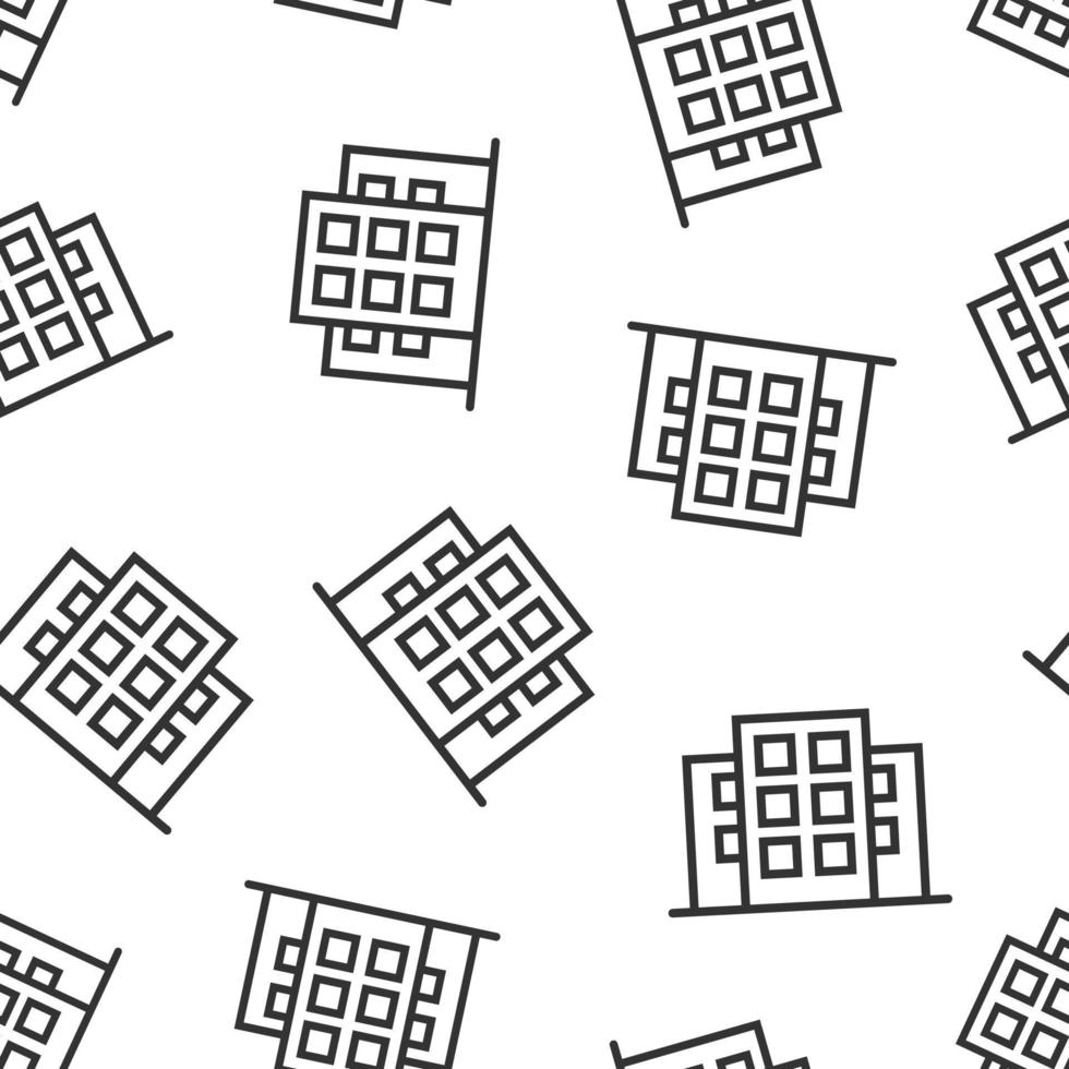 Building icon in flat style. Town skyscraper apartment vector illustration on white isolated background. City tower seamless pattern business concept.