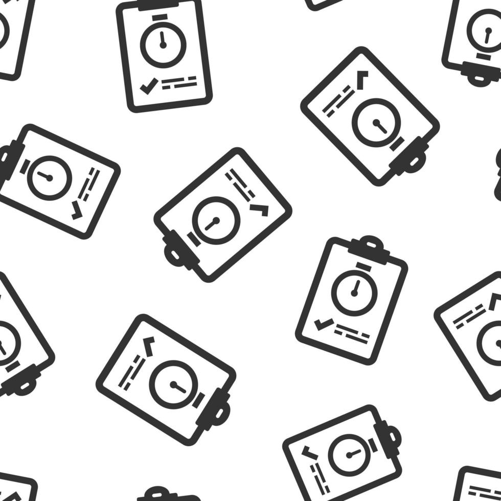 Document witch clock icon in flat style. Checklist survey vector illustration on white isolated background. Fast service seamless pattern business concept.