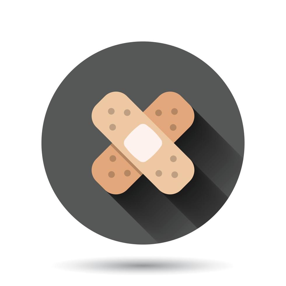 Bandage icon in flat style. Plaster vector illustration on black round background with long shadow effect. First aid kit circle button business concept.