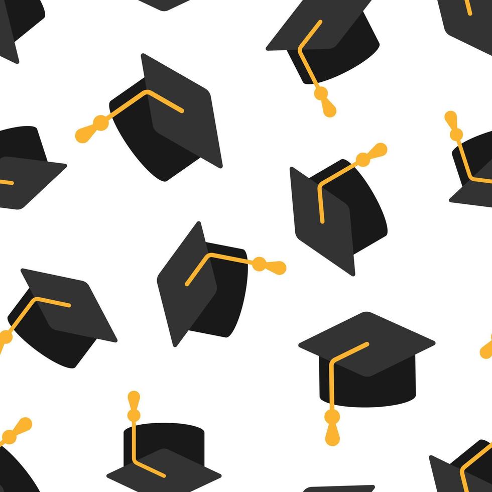 Graduation hat icon in flat style. Student cap vector illustration on white isolated background. University seamless pattern business concept.