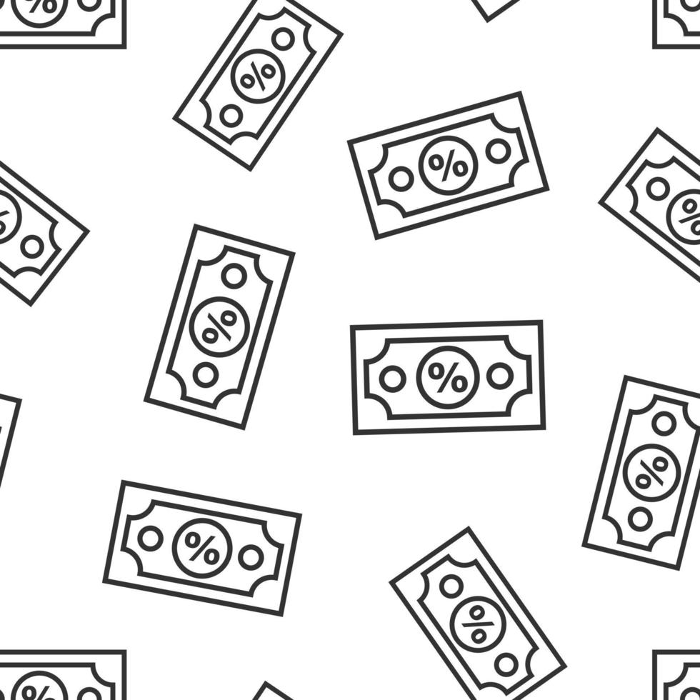 Dollar currency banknote icon in flat style. Dollar cash discount vector illustration on white isolated background. Banknote bill with percent seamless pattern business concept.