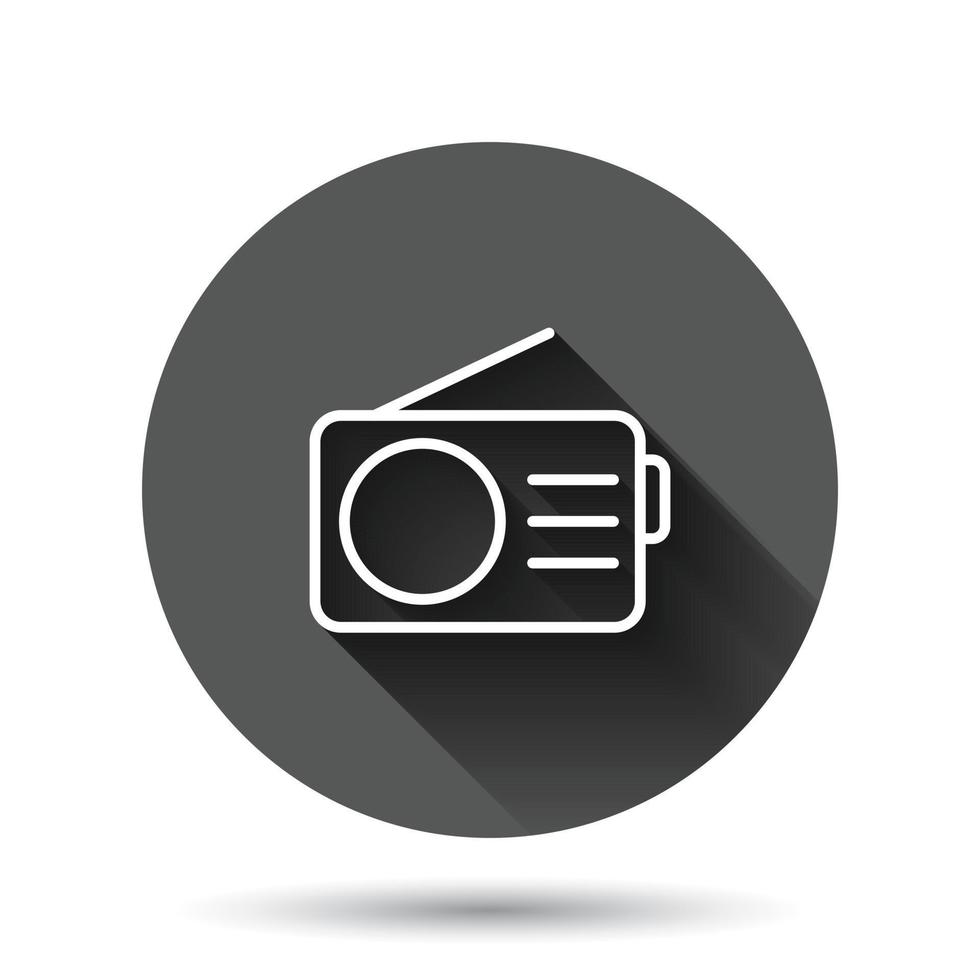 Radio icon in flat style. Fm broadcast vector illustration on black round background with long shadow effect. Radiocast circle button business concept.