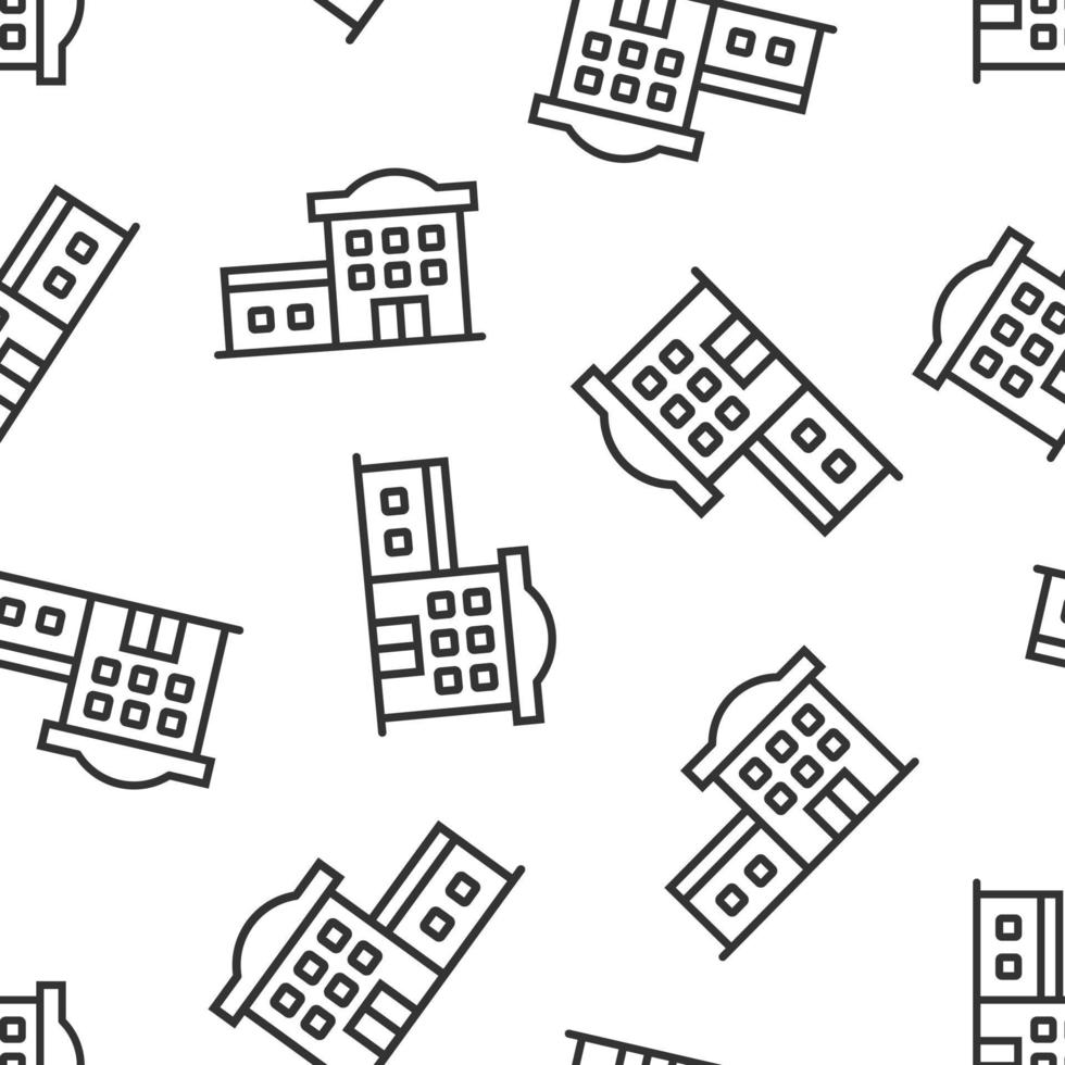 Building icon in flat style. Town skyscraper apartment vector illustration on white isolated background. City tower seamless pattern business concept.
