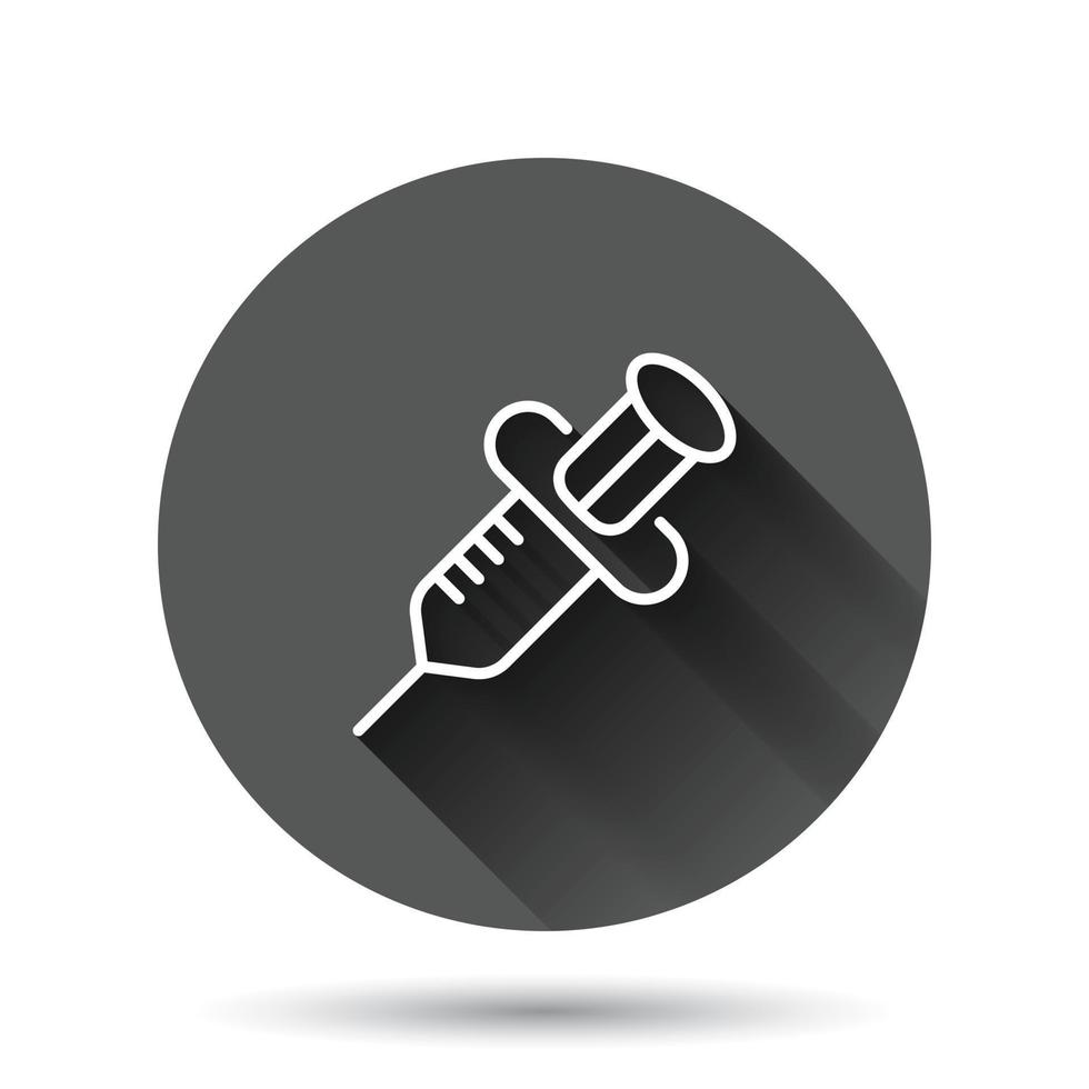 Syringe icon in flat style. Inject needle vector illustration on black round background with long shadow effect. Drug dose circle button business concept.