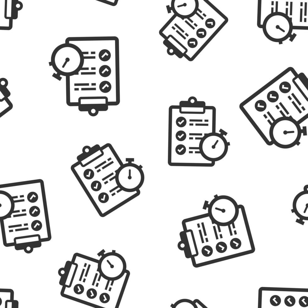 Document witch clock icon in flat style. Checklist survey vector illustration on white isolated background. Fast service seamless pattern business concept.