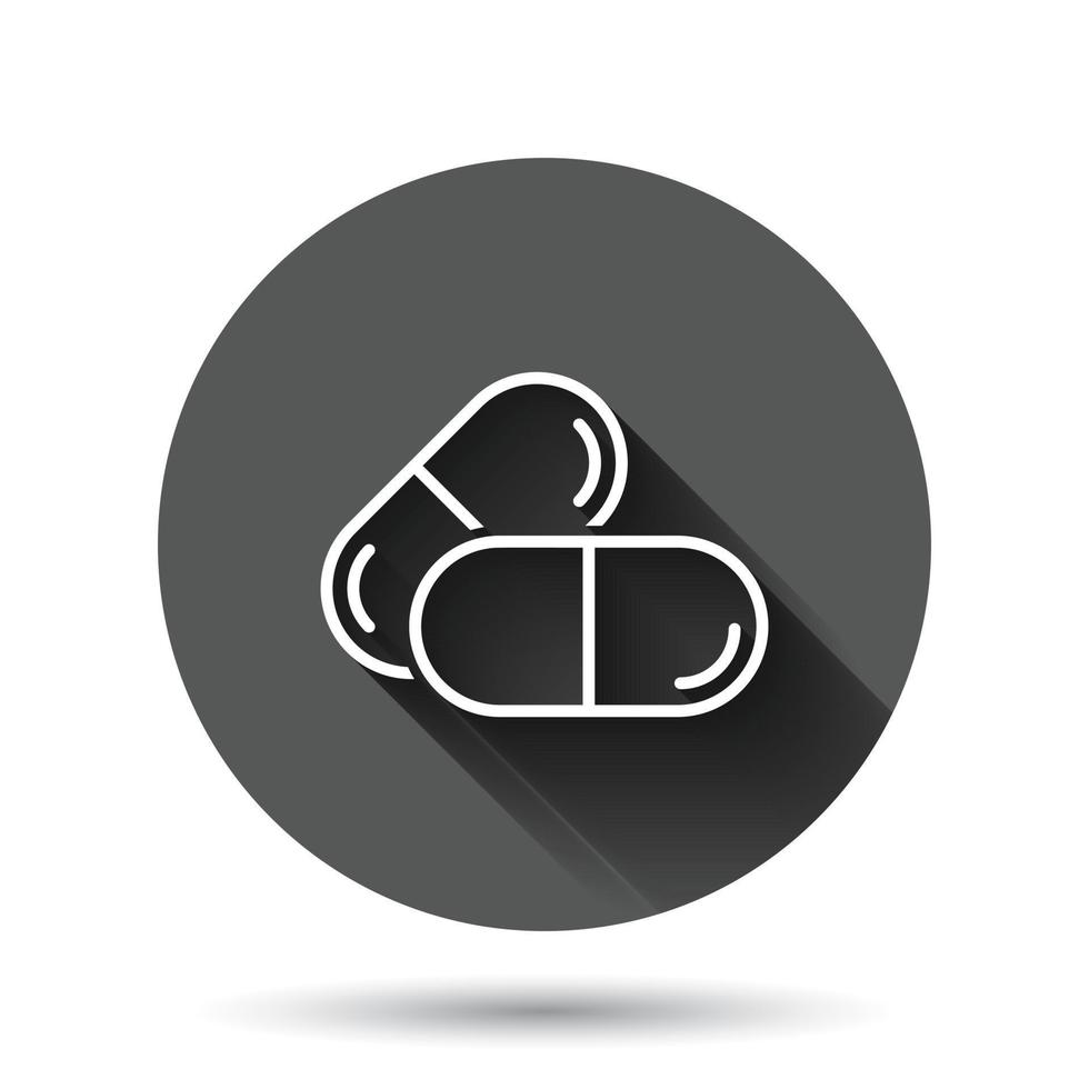 Pill capsule icon in flat style. Drugs vector illustration on black round background with long shadow effect. Pharmacy circle button business concept.