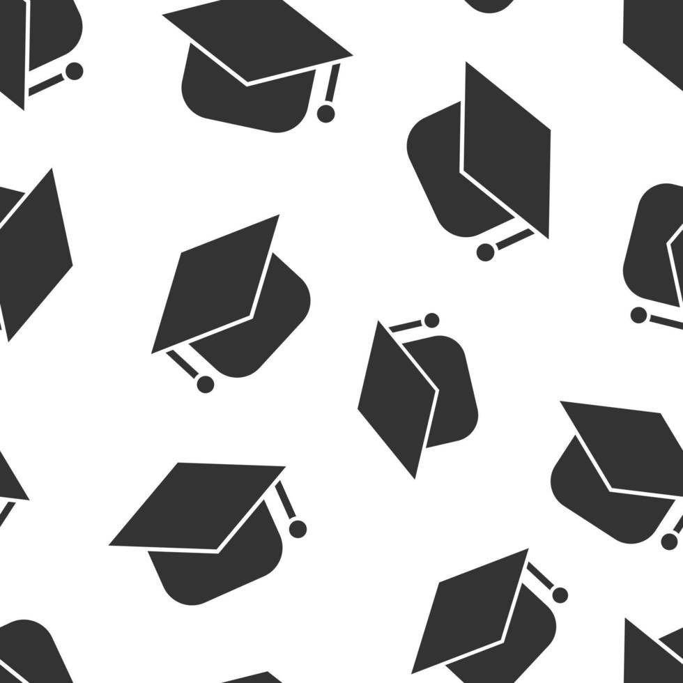 Graduation hat icon in flat style. Student cap vector illustration on white isolated background. University seamless pattern business concept.