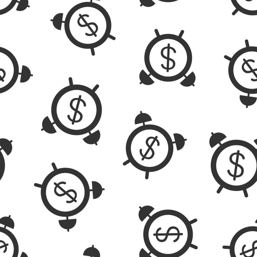 Time is money icon in flat style. Clock with dollar vector illustration on white isolated background. Currency seamless pattern business concept.