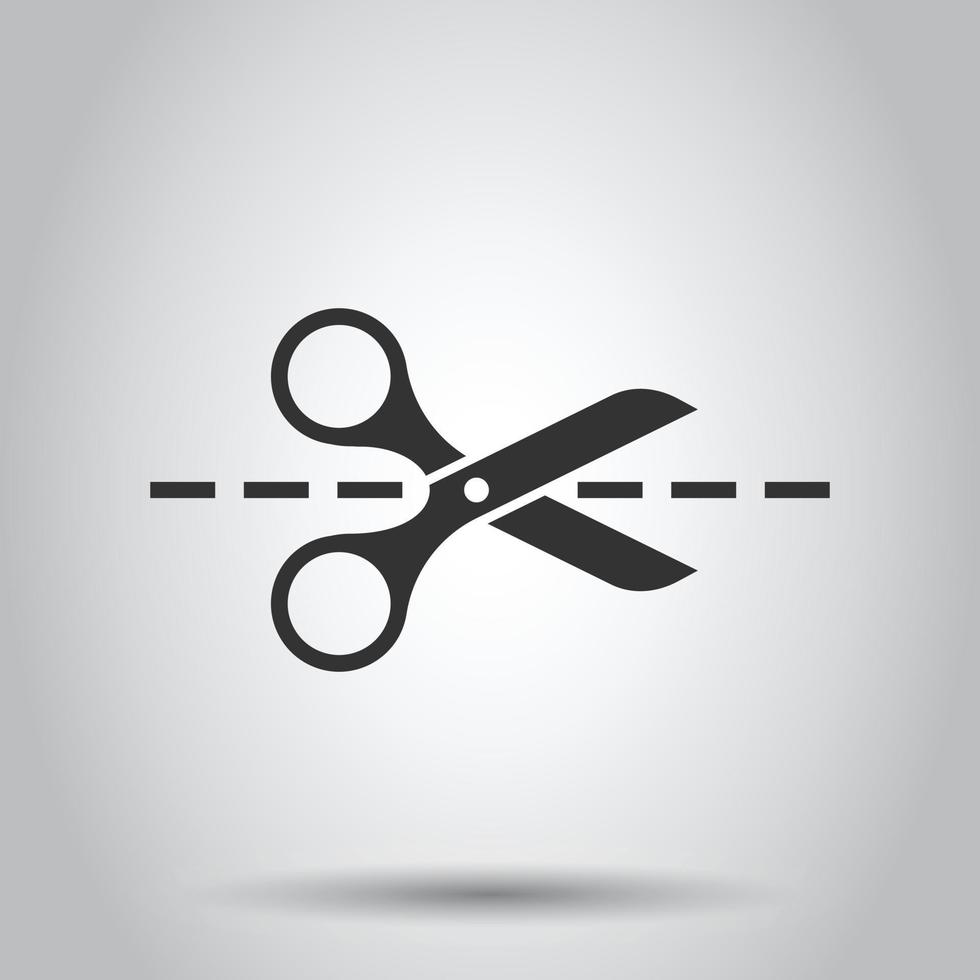 Scissor with cutting line icon in flat style. Cut equipment vector illustration on white isolated background. Cutter business concept.