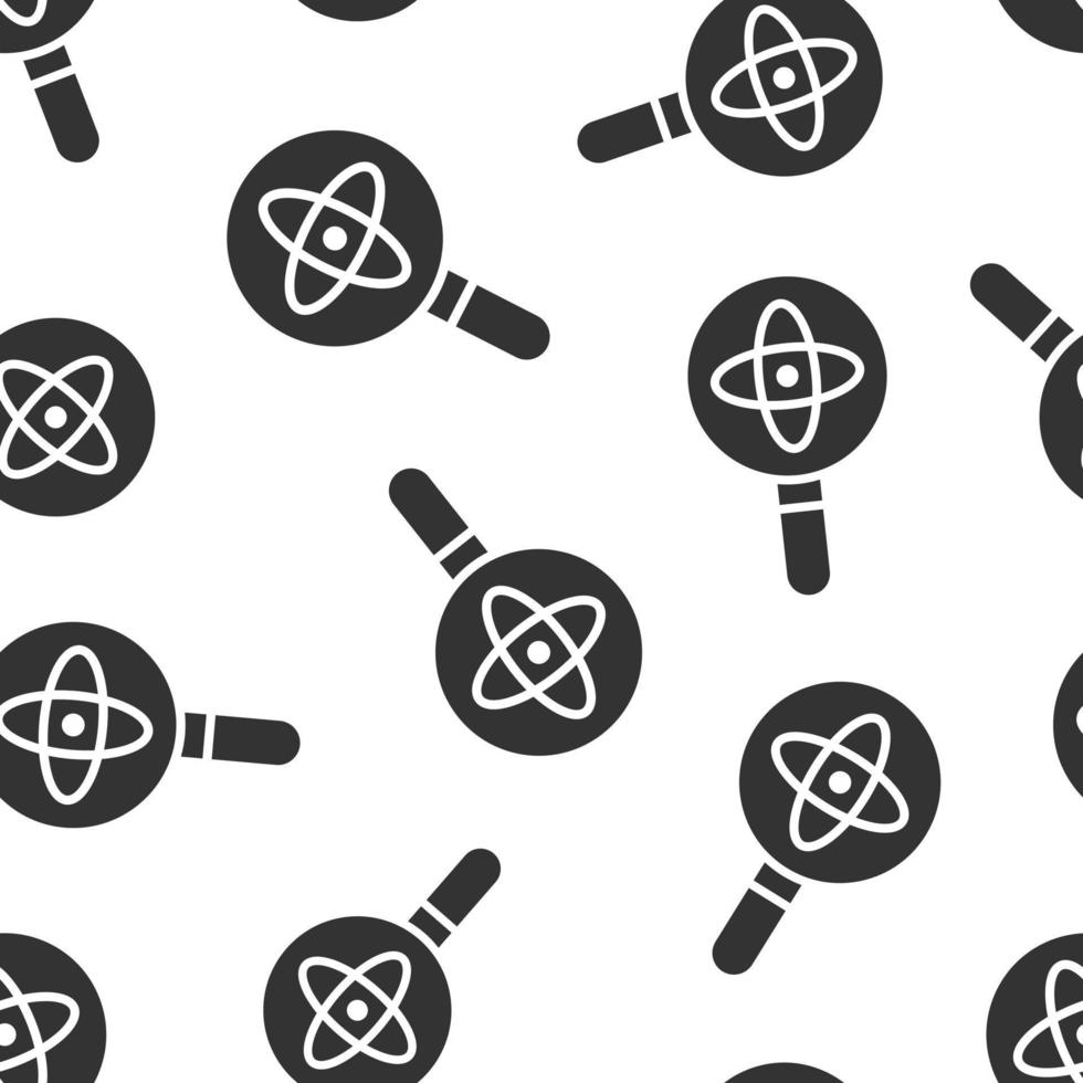 Science magnifier icon in flat style. Virus search vector illustration on white isolated background. Chemistry dna seamless pattern business concept.