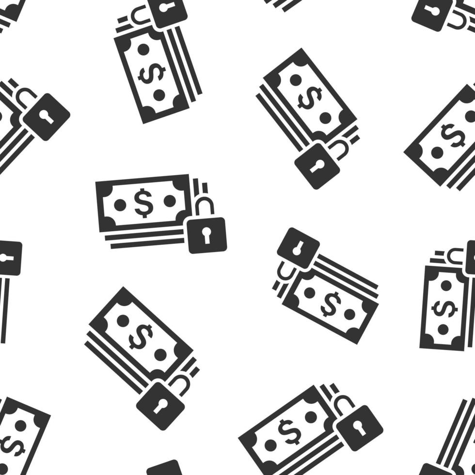 Dollar banknote with lock icon in flat style. Dollar cash safe vector illustration on white isolated background. Banknote bill security seamless pattern business concept.
