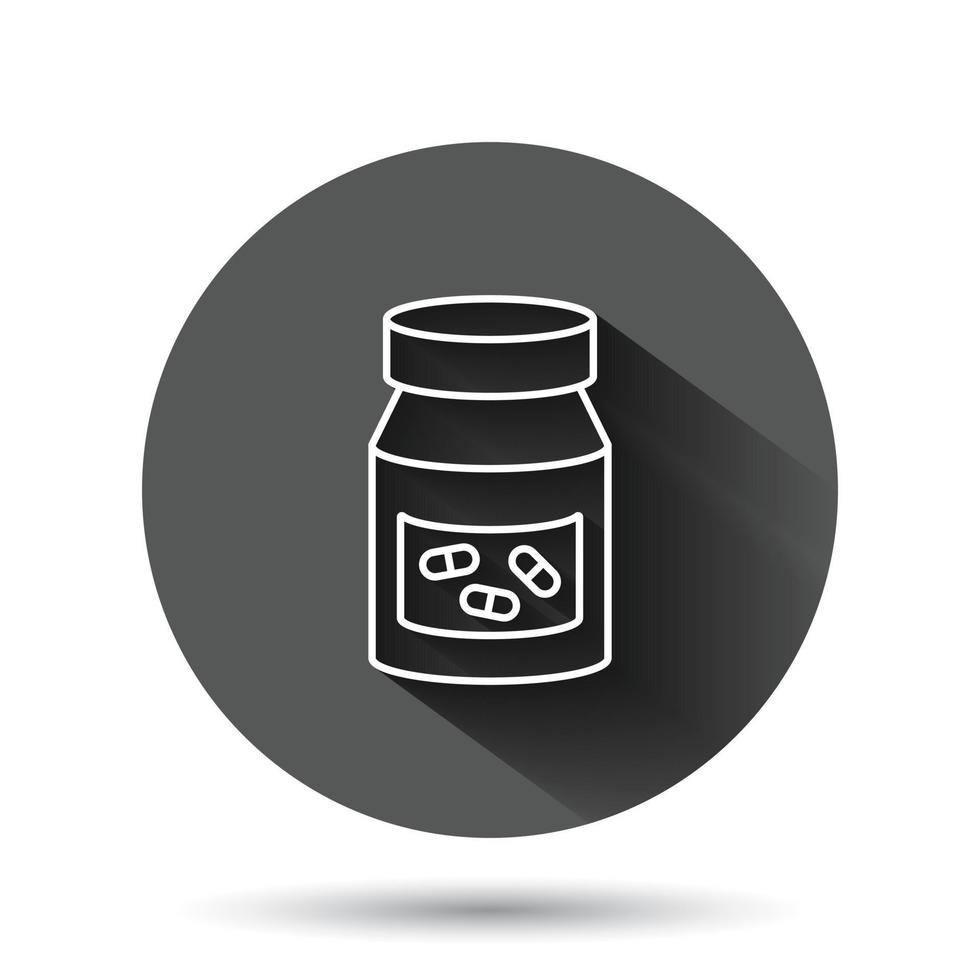 Pill bottle icon in flat style. Drugs vector illustration on black round background with long shadow effect. Pharmacy circle button business concept.