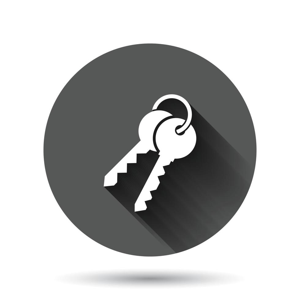 Key icon in flat style. Password vector illustration on black round background with long shadow effect. Access circle button business concept.