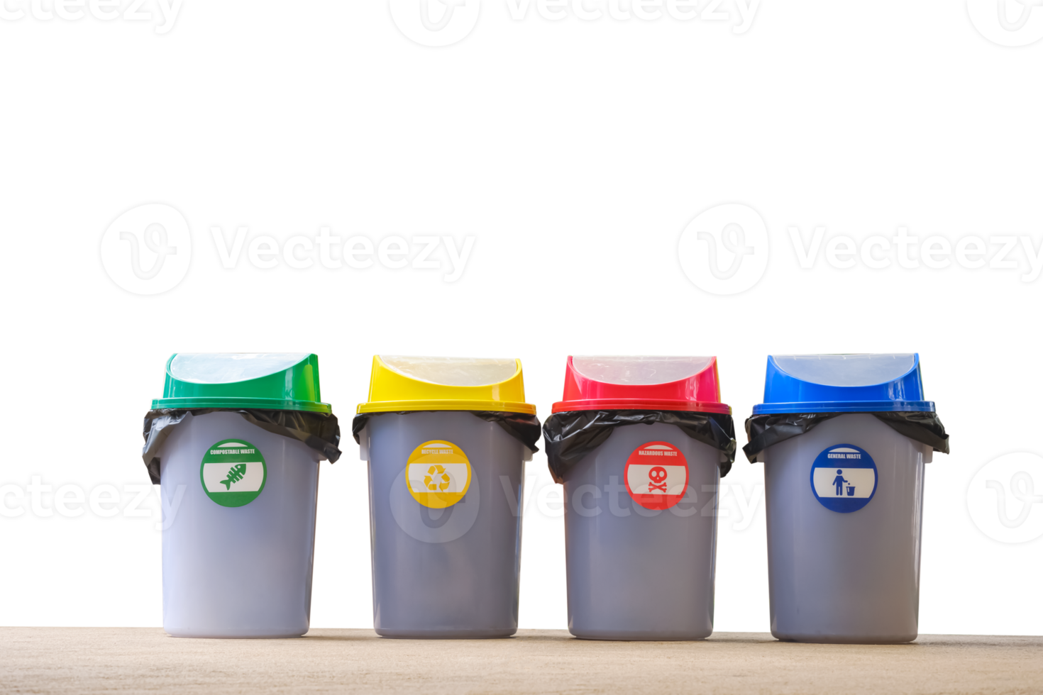 Multi Colored garbage bins on pavement with transparent background png