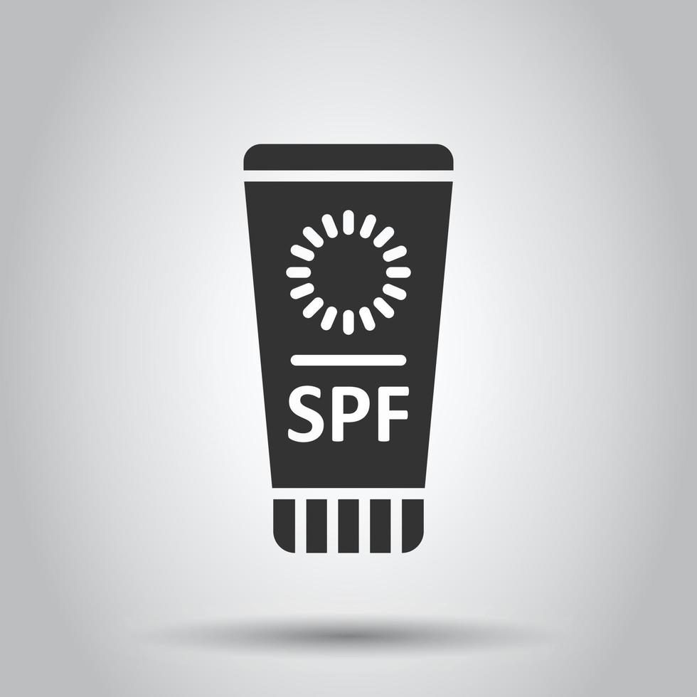 Sun protection icon in flat style. Sunblock cream vector illustration on white isolated background. Spf care business concept.