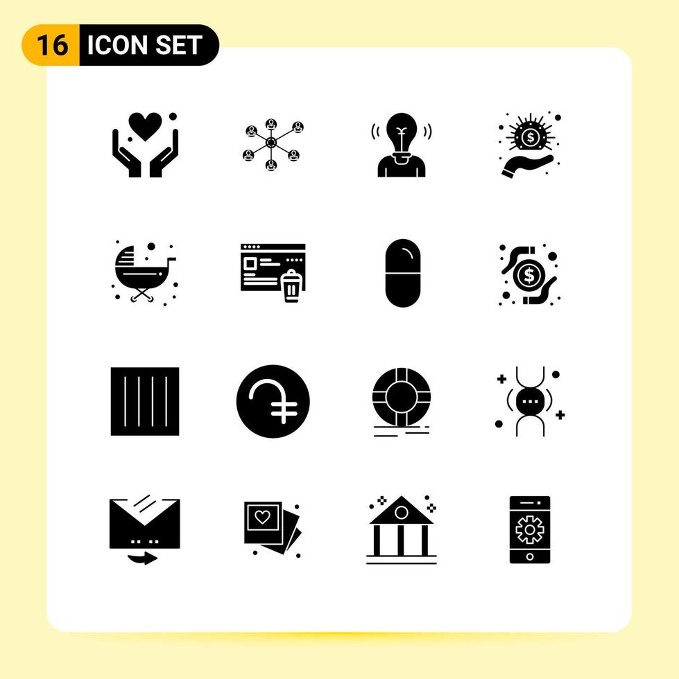 Modern Set of 16 Solid Glyphs and symbols such as baby hand bulb cash light Editable Vector Design Elements