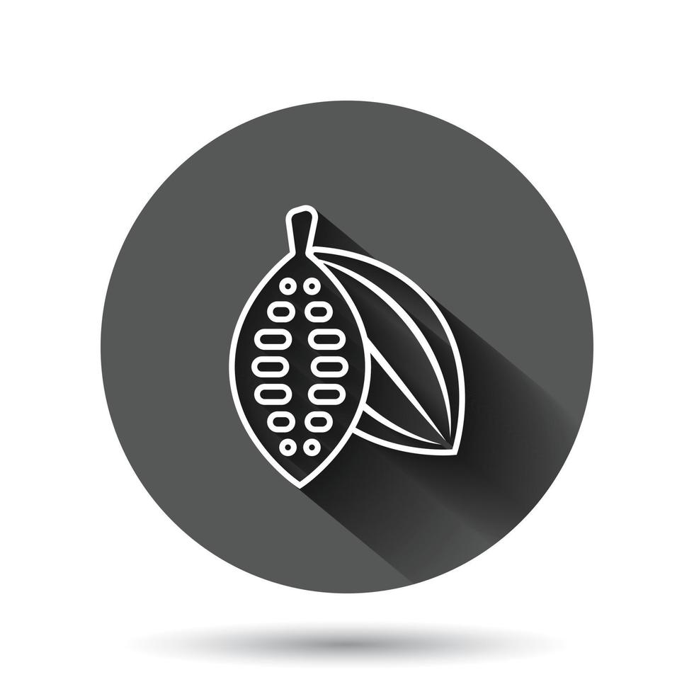 Cocoa bean icon in flat style. Chocolate cream vector illustration on black round background with long shadow effect. Nut plant circle button business concept.
