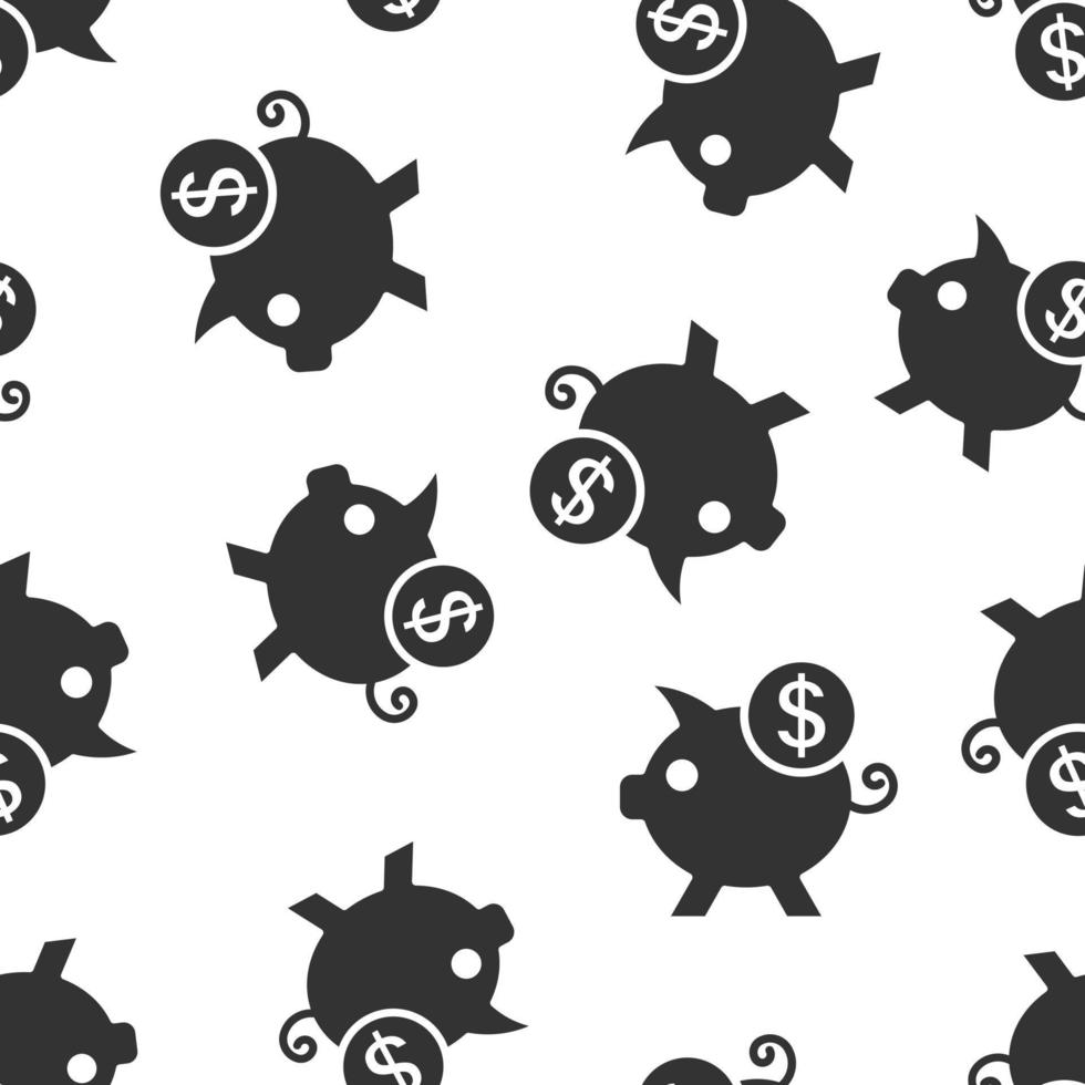 Money box icon in flat style. Pig container vector illustration on white isolated background. Piggy bank seamless pattern business concept.