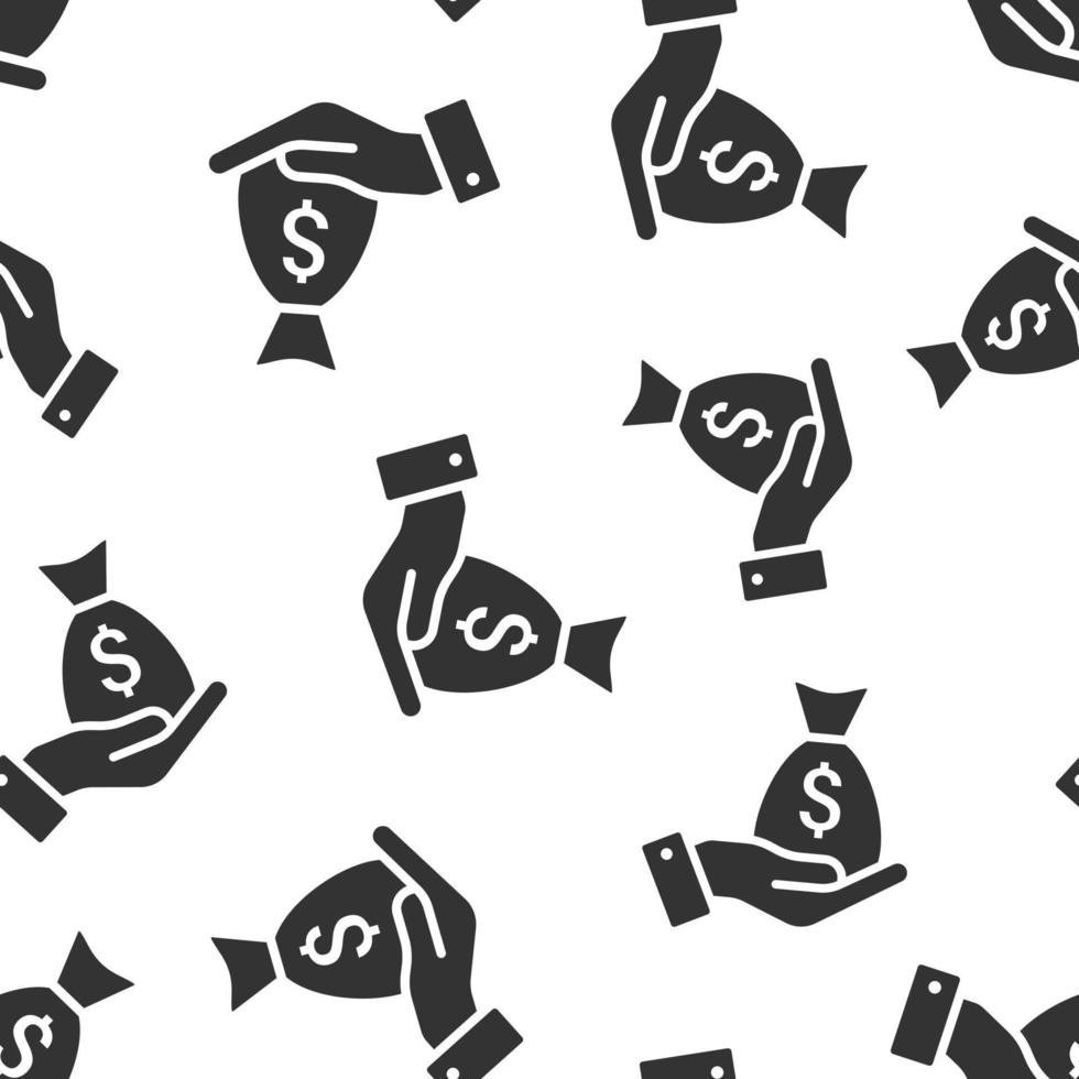 Remuneration icon in flat style. Money in hand vector illustration on white isolated background. Banknote payroll seamless pattern business concept.