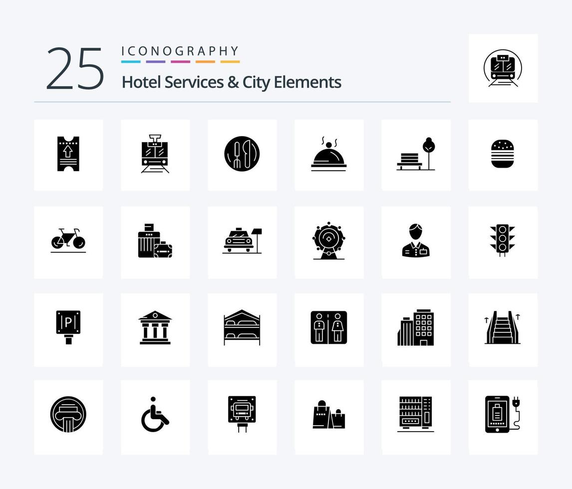 servicios de hotel y elementos de la ciudad paquete de iconos de 25 glifos sólidos que incluye silla. Servicio. hotel . palater hotel vector