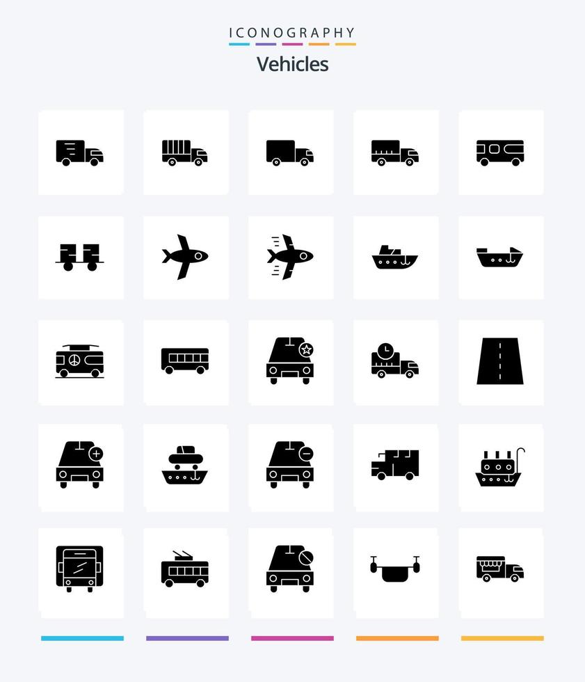 Creative Vehicles 25 Glyph Solid Black icon pack  Such As flight. forklift truck. bus. forklift. caterpillar vehicles vector