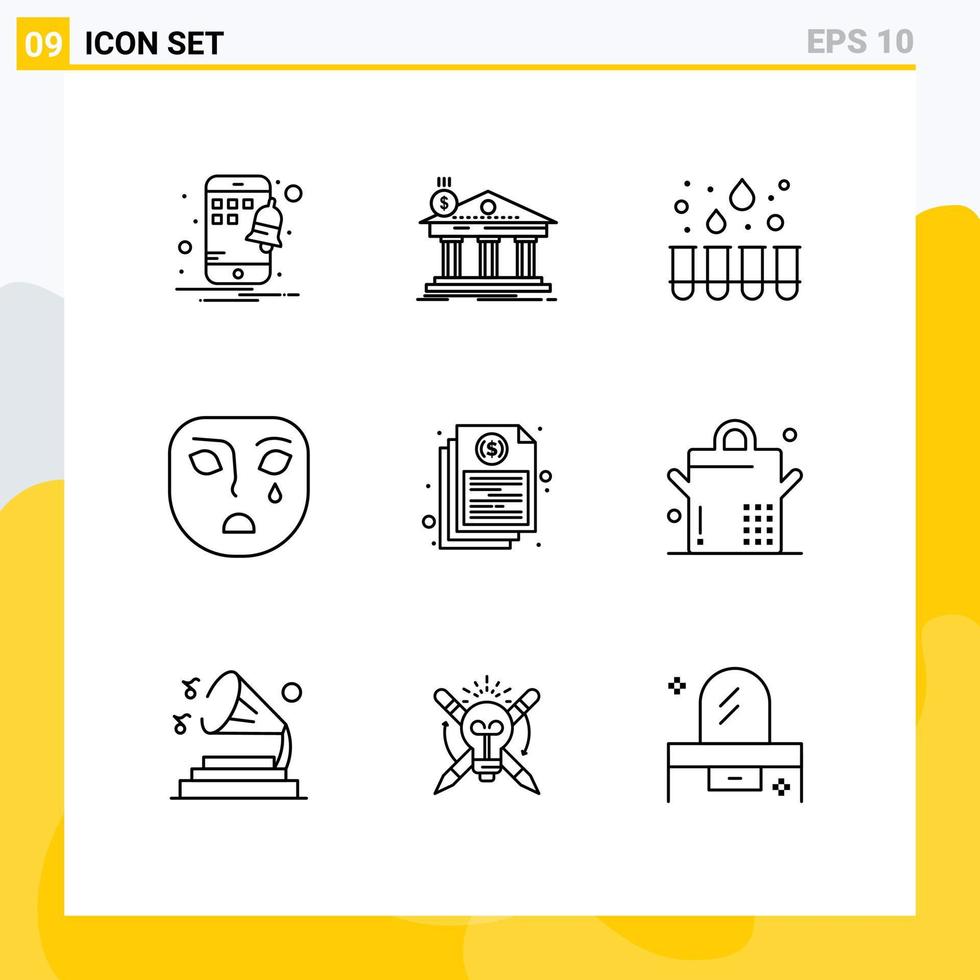 Stock Vector Icon Pack of 9 Line Signs and Symbols for file bill experiment sad face Editable Vector Design Elements