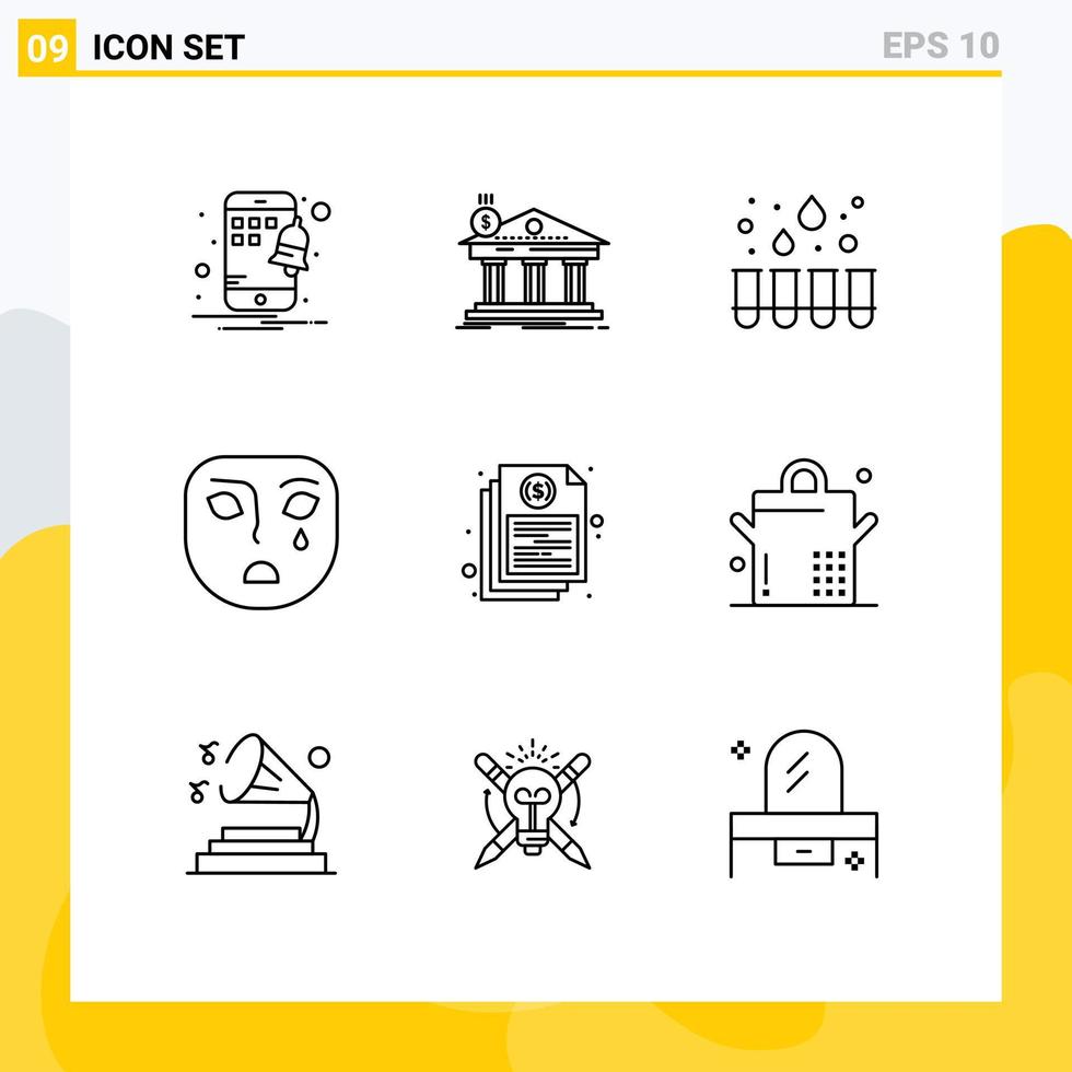 paquete de iconos de vector de stock de 9 signos y símbolos de línea para el experimento de factura de archivo elementos de diseño de vector editables de cara triste
