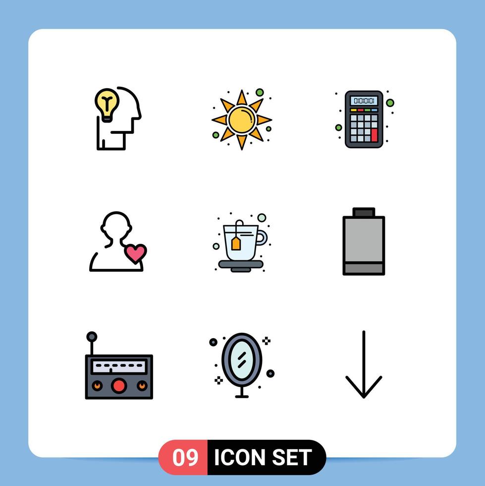 paquete de 9 signos y símbolos de colores planos de línea de relleno modernos para medios de impresión web, como elementos de diseño de vectores editables para el usuario del corazón de contabilidad de tazas de té