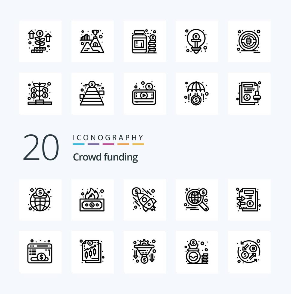 20 Crowdfunding Line icon Pack like files world business wide search vector
