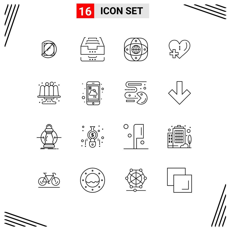 Set of 16 Modern UI Icons Symbols Signs for plus love file heart global Editable Vector Design Elements