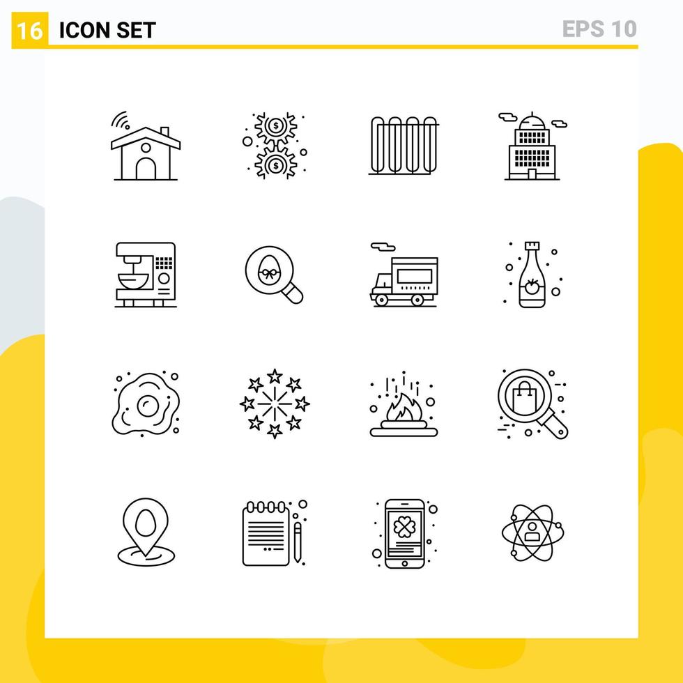 User Interface Pack of 16 Basic Outlines of coffee government battery building heating Editable Vector Design Elements