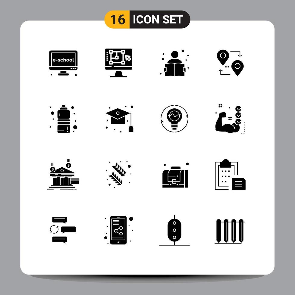 Group of 16 Solid Glyphs Signs and Symbols for travel map enhance location reading Editable Vector Design Elements