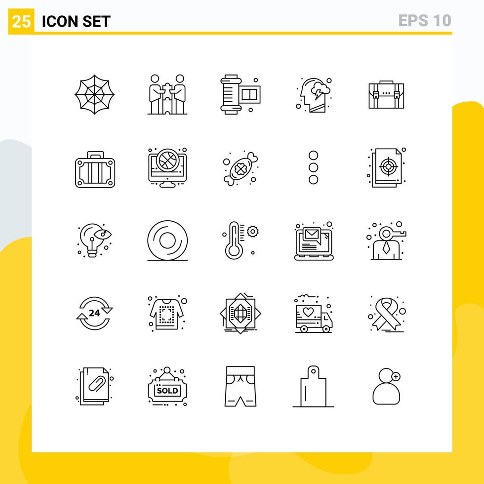 Set of 25 Commercial Lines pack for business energy ancient camera roll mind head Editable Vector Design Elements