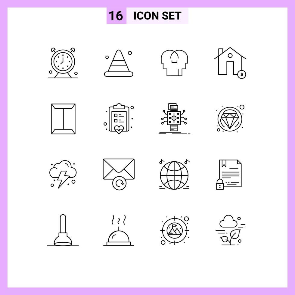 Editable Vector Line Pack of 16 Simple Outlines of house dollar road coin head Editable Vector Design Elements