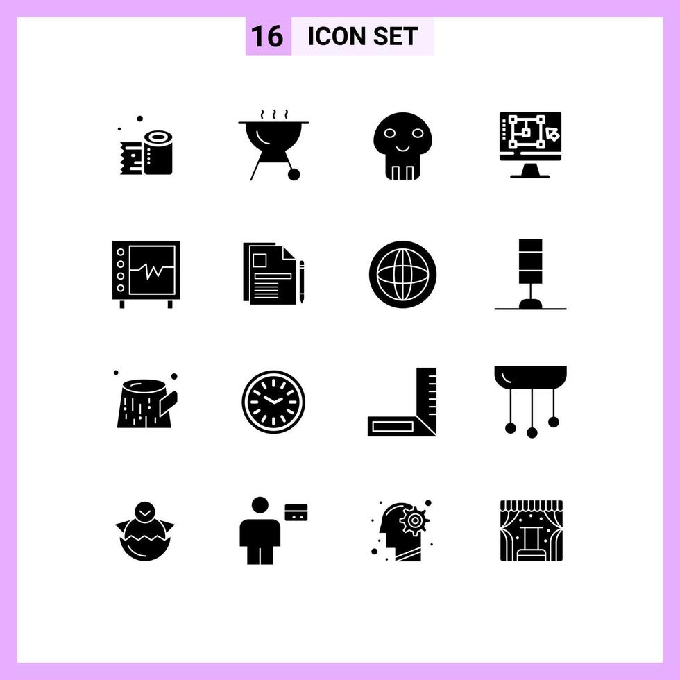 Set of 16 Vector Solid Glyphs on Grid for heart beat dangerous increase designing tool Editable Vector Design Elements