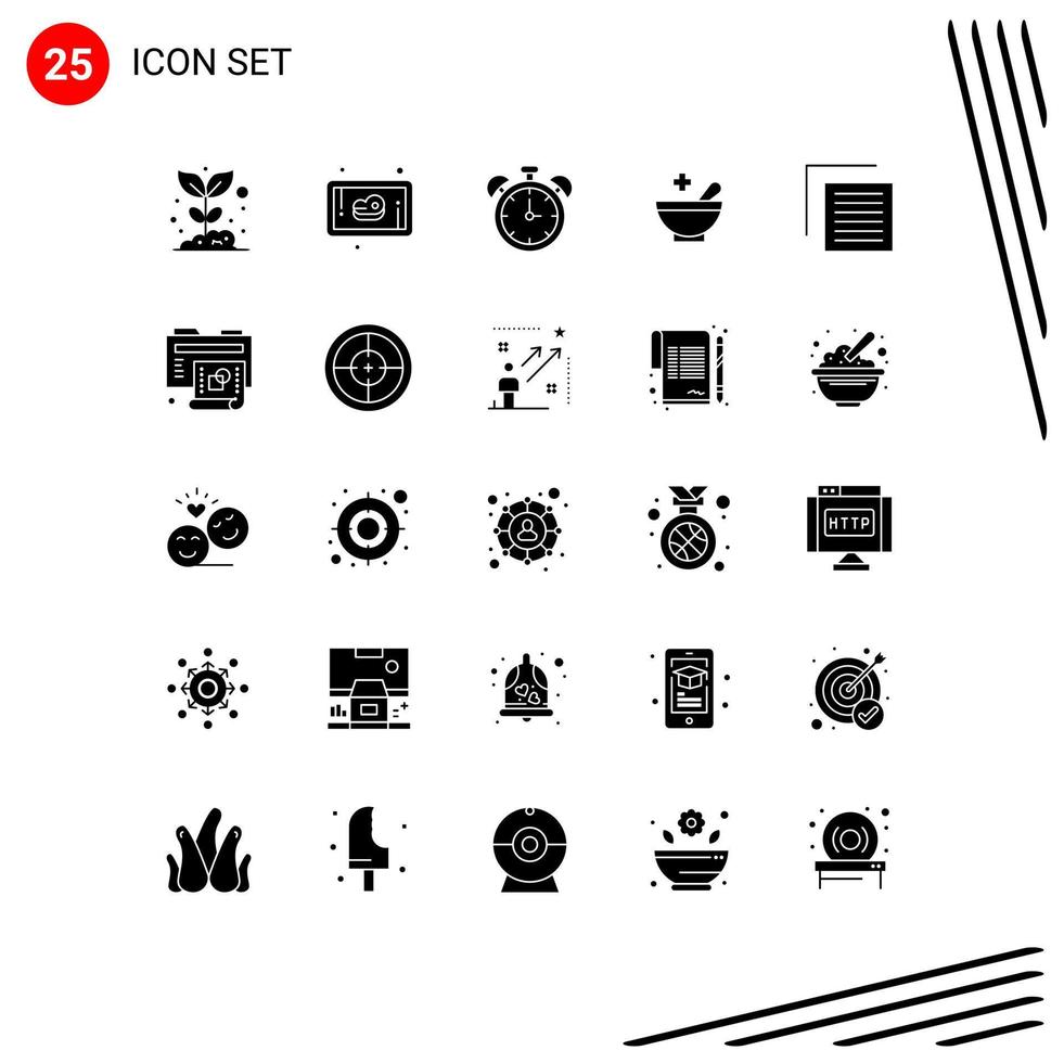 Mobile Interface Solid Glyph Set of 25 Pictograms of user document alarm bowl medical Editable Vector Design Elements