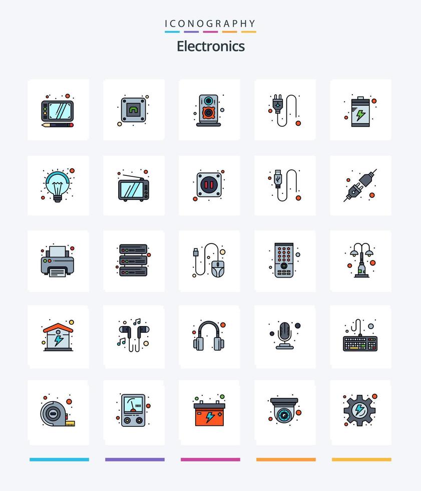 Paquete de iconos llenos de 25 líneas de electrónica creativa, como la luz. bulbo. altavoz. dispositivo. batería vector