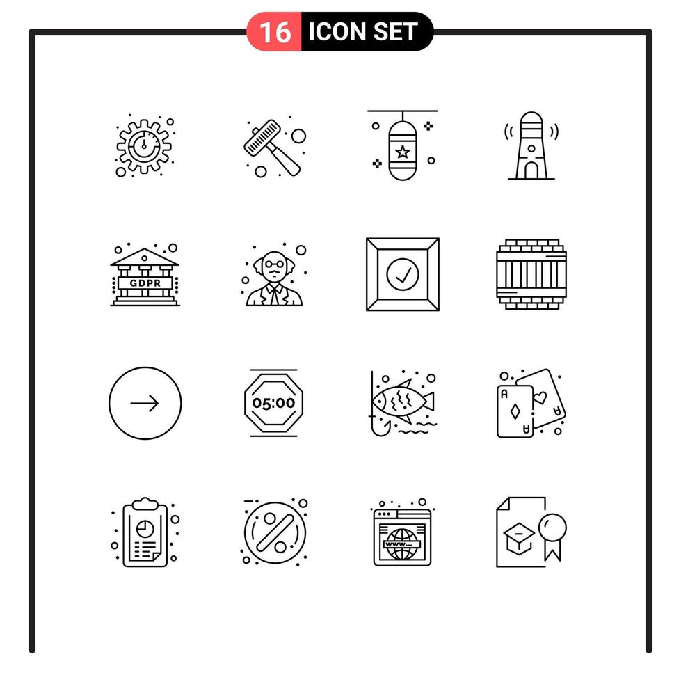 Universal Icon Symbols Group of 16 Modern Outlines of gdpr tower punching bag lighthouse beach Editable Vector Design Elements